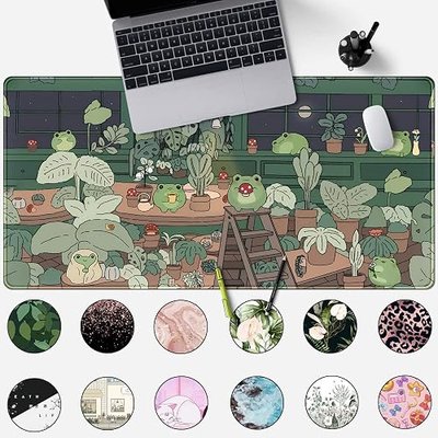 Cute Frog Mouse Pad Desk Pad Kawaii Green Desk Decor Mat, Large Gaming Mouse Pad for Desk Computer Keyboard Laptop, Home Office Accessories for Girl (31.5x15.7 in)-with Stitched Eges Pad