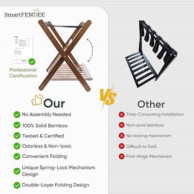 Smart FENDEE Fully Assembled Bamboo Luggage Rack, Walnut Folding Suitcase Stand with Shoe Shelf, Heavy-Duty Luggage Holder for Guest Room Must Haves, Bedroom, Hotel, 1 Pack