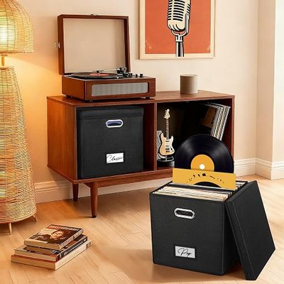 Vinyl Record Storage Box for 50+ Single LPs (12-Inch), Stackable Albums Linen Crate with Lid, Collapsible Play Music Collection Holder, Document File Folder Cabinet Organizer Case with Handle
