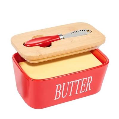 Large Butter Dish,Ceramic Butter Dish with lid and knife,quality Silicone Sealing Butter Dishes is Good for Kitchen Baking and Gift,Red…
