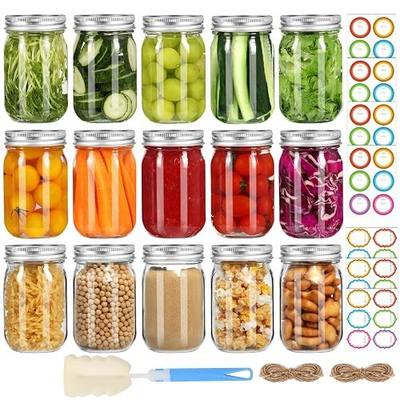16oz Regular Mouth Mason Jars, 15-Pack Pint Canning Jars | Airtight Split Lids and Bands for Pickling, Meal Prep, Overnight Oats, Dry Food, DIY Crafts, Includes 24 Stickers and Brush