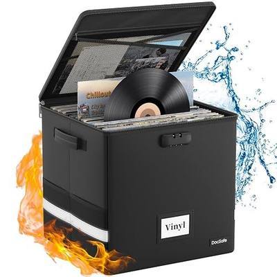 DocSafe Vinyl Record Storage Box with Lock,Fireproof&Water Resistant Record Organizer Storage for 100+ Single Records(12-inch),Collapsible Storage Crate with Lid&Handles for Valuable Album Collection