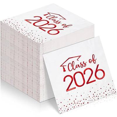 100Pcs Class of 2026 Graduation Napkins, Disposable Congrats Grad Paper Cocktail Napkins Square Foil Dot Hand Towels for 2026 School University College Graduation Party Decorations(Red)
