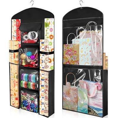 Hanging Gift Wrapping Paper Organizer Storage, Over Door Wrap Storage Bag | 40 X 17 Black Double-Sided Oxford Christmas Wrapper Paper Container, Craft Roll Gift Wrap Holder for Bedroom Closet, Cabinet