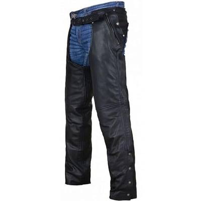 Dream Apparel Black Leather Motorcycle Riding Chaps for Men Women W/Liner and Four Pockets, Cowboy Biker Chaps Pants