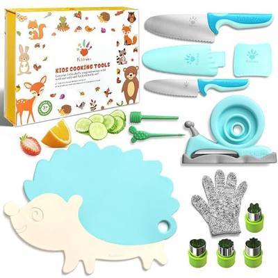 Kibbidea 13 Pcs Kids Kitchen Knife Set, Kids Cooking Sets Real with Cutting Board, Peeler, Serrated Edges Stainless Steel Toddler Safe Knife, Sandwich Cutter (Blue)