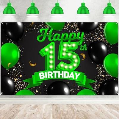 Happy 15th Birthday Green and Black Banner Backdrop Cheers to 15 Years Old Confetti Balloons Theme Decor Decorations for Girls 15 Years Old Birthday Party Bday Supplies Background Gift Glitter
