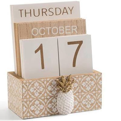 Block Calendar for Desk, Wood Desk Perpetual Calendar, Gift Daily Desktop Vintage Wooden Blocks for Home Farmhouse Office Aesthetic Decor Rustic Decoration Brown Pineapple