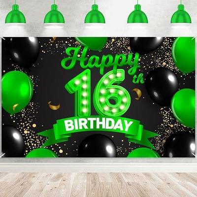 Happy 16th Birthday Green and Black Banner Backdrop Cheers to 16 Years Old Confetti Balloons Theme Decor Decorations for Girls 16 Years Old Birthday Party Bday Supplies Background Gift Glitter