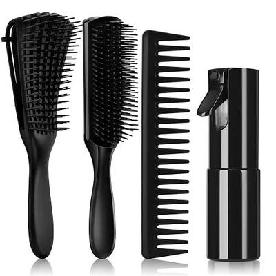 Hommtina 4pcs Detangling Brush Set for Curly 3/4abc Hair - No Pain Detangler, Anti-Static 9 Row Brush, Wide Tooth Comb & Spray Bottle for Women Men Wet Dry Hair (3 PCS, Black+Black)