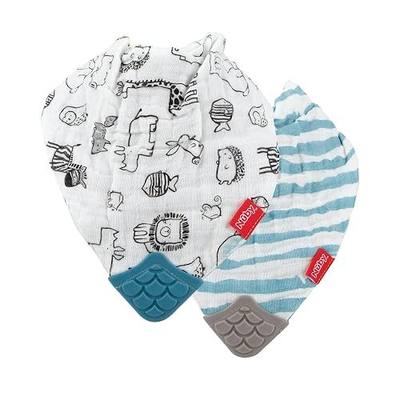 Nuby 100% Natural Cotton Muslin Bib - Bib with Teething Corner (2-Pack) 3+ Months - Zoo