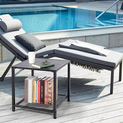 20 Inch Patio Coffee Table, 2-Layer Metal Square Side Table with Storage Shelf, All-Weather Indoor Outdoor End Table for Balcony Courtyard Patio Porch Lawn Home Office, Black
