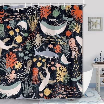 Kids Shark Shower Curtain, Ocean Fish Shower Curtain Black Boho Abstract Underwater Animal Cartoon Bathroom Curtain with Colorful Fabric Shower Curtains for Bathtub Decor (69 X 70 inch)