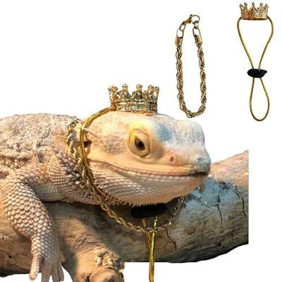 2Pcs Lizard Crown Necklace Set Metal Lizard Outfit Reptile Clothes Accessories Lizard Photo Props for Bearded Dragons Iguana Amphibians and Other Small Animals (Gold)