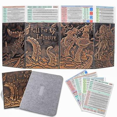 DND Dungeon Master Screen Four-Panel with Pockets | Embossed PU Leather Cover, 4 A4 Sheet Pockets, Wet-Erase Compatible Surfaces, Reference Sheets & Felt Storage Case Included