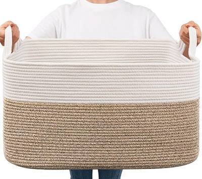 Goodpick Large Woven Blanket Basket, 21.6" x 14.9" x 11.8" Storage Baskets for Organizing, Rectangle Cotton Rope Toy Basket for Living Room, Bedroom, White & Brown