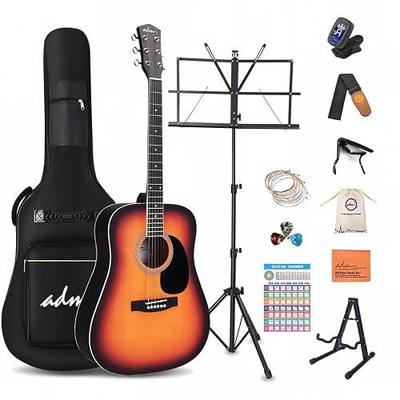 ADM Dreadnought Acoustic Guitar Kit with Free Lesson for Beginner Adult Teen Full Size Acustica Guitarra Starter Bundle Set w/Bag Strap Tuner Capo Pickguard Music Stand Right Hand(Sunburst, 41 Inch)
