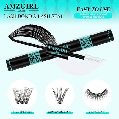 AMZGIRL Lash Bond and Seal Lash Glue for Eyelash Clusters Waterproof 10ml | 2 in 1 Bond and Seal, Black Lash Glue, Waterproof Adhesive, 72H Strong Hold, Long Lasting Wear, DIY Lash Extensions