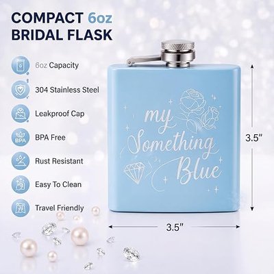 Tanlade Bachelorette Gifts for Bride, 6 oz My Something Blue Gift for Women | Bride Flask Gift, Matte Wedding Flask, Light Blue Hip Flask Party Favor
