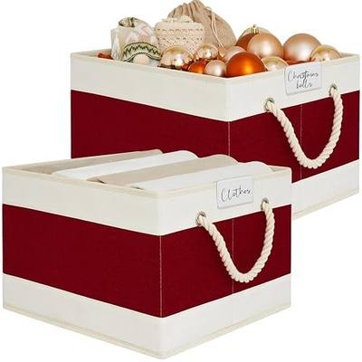 LoforHoney Home Fabric Storage Bins for Chiristmas, Foldable Storage Baskets for Organizing, Closet Organizer Bins with Cotton Rope Handles, Canvas Storage Bins for Clothes, XLarge, Beige&Red, 2-Pack