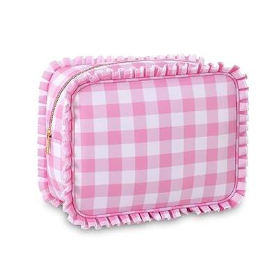 Gingham Ruffle Makeup Bag,Large Travel Cute Cosmetic Bag for Women Girls,Toiletry Bag Make up Organizer 10.8 x 4.5 x 8 inch (Pink Gingham)
