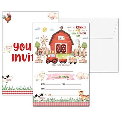 Farm Birthday Party Invitations, Barn Animals Birthday Invitation, Double-Sided Fill In Invites, Barnyard Birthday Party Decorations, 20 Cards With 20 Envelopes(D07)