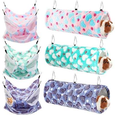 Sweetude 6 Pcs Rat Hammock Set Ferret Hanging Tunnel 3 Tier Guinea Pig Hammocks Hideout Soft Chinchilla Bed for Cage Accessories Hide,Play and Sleep(Lovely,Heart)