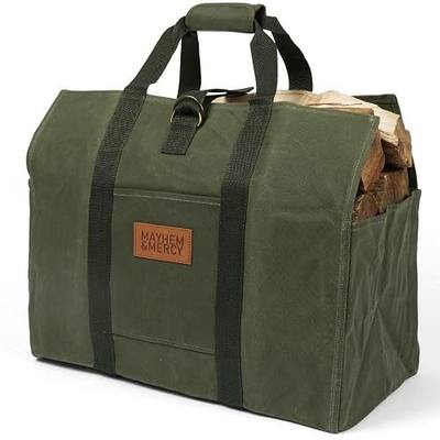 MAYHEM & MERCY Extra Large Waxed Canvas Firewood Carrier Tote – Heavy Duty Log Bag with Handles & Pocket – Self-Standing Wood Holder for Fireplace, Camping, and Outdoor Use – Hunter Green