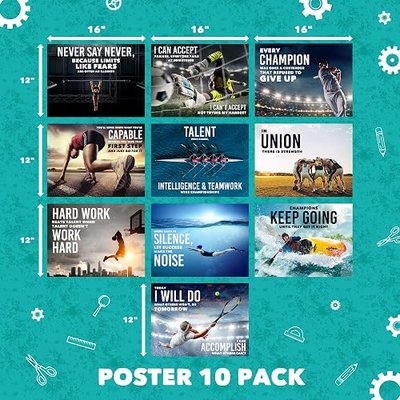 Sproutbrite 10 Pack 12” x 16” Sports High School Motivational Posters - Educational Inspirational Growth Mindset for Teacher and Students - Inspire Every Classroom