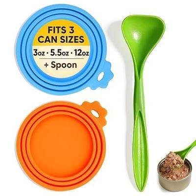 Lydia’s Deal Pet Food Can Covers 2-Pack, Thick Silicone Universal Can Lids for Dog & Cat Food, Fits 3oz/5.5oz/12oz, Airtight Seal, Durable & Dishwasher Safe, Easy Grip with Spoon (Blue & Orange)