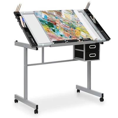 MoNiBloom 41.5‘’ Drafting Table on Wheels with Storage & Side Tray, Gray | Adjustable 0-65° Glass Tabletop, Replaceable Feet Art Desk