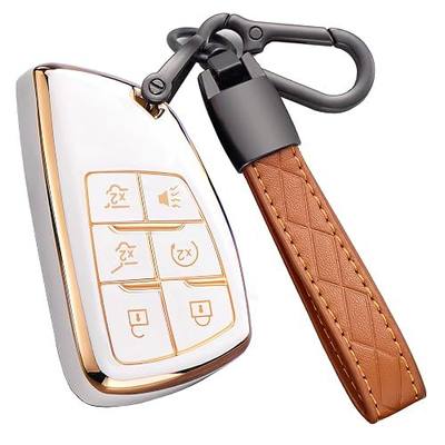 Key Fob Cover for Chevy GMC with Keychain, Tahoe Suburban Equinox Traverse Yukon Denali Terrain Buick Envision Premium Soft TPU Case (6 Buttons Ivory)