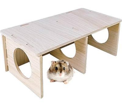 Hamiledyi Wooden Hamsters 2-Chamber Hideout-Tunnel Multi Chamber Exploring Toy Hamster Hiding Maze Tunnel Toy Platform Stuff Cage Accessories for Gerbil Rat Mice