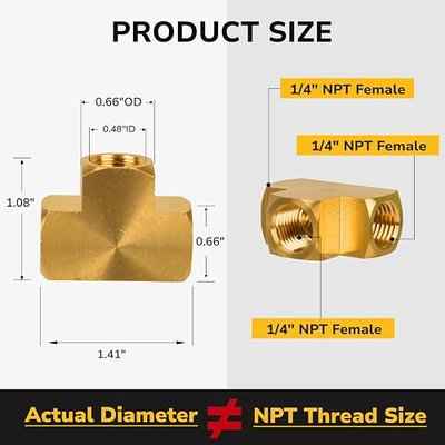 Brass Pipe Fitting, Barstock Tee, 1/4" × 1/4" × 1/4" NPT Female 3 Way T-Connector for Gas, Air, Oil, Propane, 1200 PSI (1 Pack)