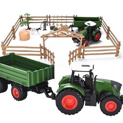 Top Race Tractor Trailer Toy for Boys – Green Tractor with Sliding Farmer's Cart, Brown Fence, and Animal Figurines – Easy-to-Assemble Plastic Play Set for Toddlers, Fun Farm Adventure Toy