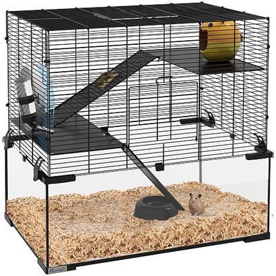 PawHut Large Hamster Cage with Deep Tempered Glass Bottom, 3 Tiers Hamster Tank with Running Wheel, Hut, Water Bottle, Dish, Rat Cage for Syrian, Dwarf, Gerbils, Mouse, 23.5" x 16" x 22.5", Black | 3 Tiers Hamster Tank, Running Wheel, Hut, Water Bottle, Dish, Rat Cage for Syrian, Dwarf, Gerbils, Mou
