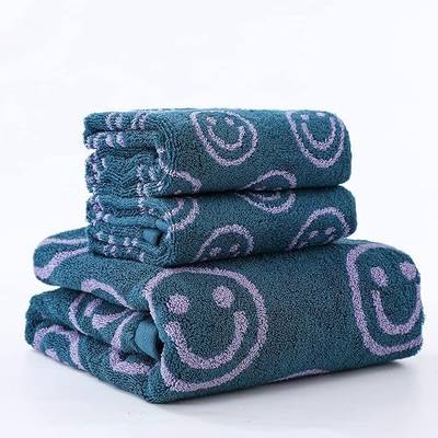 Luxury Smiley Face Purple Green Bath Towel Sets Washcloths 100% Cotton Soft Hand Towels