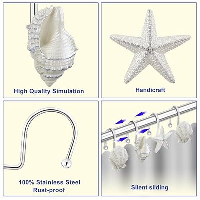 Shower Curtain Hooks Rings, 12PCS Pearl Shine Seashell Shower Rings, Anti Rust Decorative Shower Hooks for Beach Bathroom, Baby Room, Bedroom, Living Room Décor