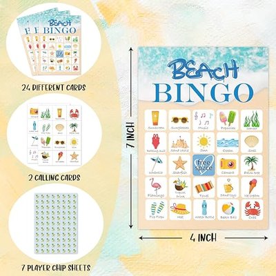 Beach Bingo Game, 24 Player Bingo Game for Teenagers, Summer Beach Party, Bridal Shower, Birthday Party, Hiking, Trip, Family Holiday, Reception Activity Supplies - 009
