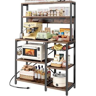 SUPERJARE Bakers Rack with Power Outlet, 35.4 Inches Coffee Bar with Wire Basket, Kitchen Microwave Stand with 6 S-Shaped Hooks, Open Storage Shelves, Rustic Brown