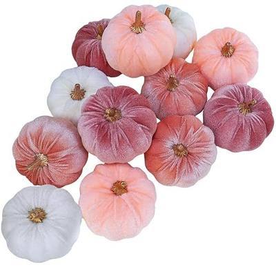 Winlyn 12 Pcs Small Rustic Faux Velvet Pumpkins Decorative Blush Coral Pink Peach Ivory Fabric Foam Pumpkins 3" for Fall Wedding Bbay Shower Thanksgiving Halloween Table Centerpiece Décor
