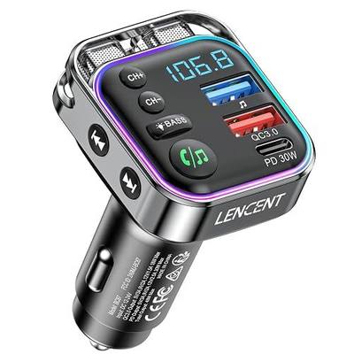LENCENT Bluetooth 5.3 FM Transmitter Car Adapter 48W (PD30W & QC18W) | Fast Charger, Light Switch, HiFi Bass Sound Wireless Radio MP3 Music Player, Hands-Free Calling, Support USB Drive