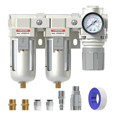 AIRZOE 3/8" NPT Air Dryer for Compressor-Air Compressor Water Separator AC3110-03,Double Air Compressor Filter,Air Pressure Regulator Combo,5 Micron Brass Element,Semi-Auto Drain,0-145 psi Gauge