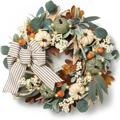 Valery Madelyn 20'' Fall Wreaths for Front Door with LED Lights | Farmhouse Autumn Wreath with White Pumpkins Bow for Home Porch Thanksgiving Harvest Table Centerpiece Decorations