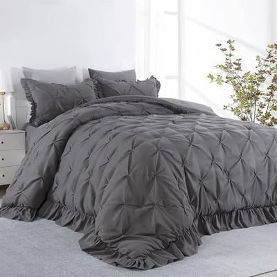 HOMBYS Oversized King Comforter Set, Ultra Soft Pinch Pleat Bedding Set with Pintuck Down Alternative Comforter, Ruffles for All Season (Dark Grey, Oversized King Plus-128"x120")