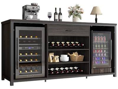 LVB 70 Inch Gray Farmhouse Bar Cabinet with Fridge Space and Wine Rack | Long Bar Cabinet with Drawer,Rustic Wood Metal Large Wine Cabinet with Rack Modern Sideboard Buffet for Kitchen Dining Room