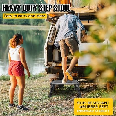 Adjustable RV Step Stool, Wide Platform, Foldable Legs, Black | 3 Height Settings, 1,000-lb Capacity, Aluminum Frame, Anti-Slip Surface, Portable Step for Camper Stairs and Travel Trailers