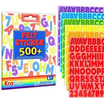 KRAFUN 500+ Felt Letter Stickers No-Mess for Toddlers Ages 3+ | 1-inch self-adhesive alphabet, numbers & shapes. DIY scrapbook arts and crafts. Educational craft gift for kids
