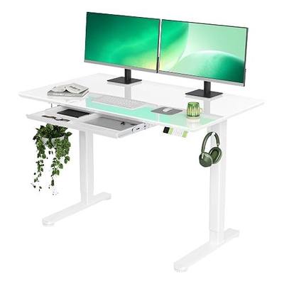 INNOVAR Glass Standing Desk with Drawers, 48×24 Inch Adjustable Stand Up Desk Quick Install Home Office Computer Desk, White | Tempered Glass Top, Ergonomic, Adjustable Height, Stand Up Desk,4 Memory Presets