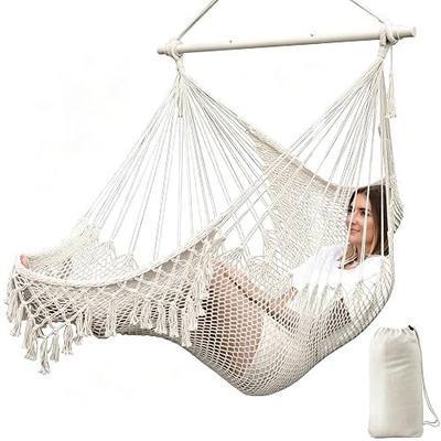 Chihee Hammock Chair Handmade Woven Mesh Hanging Seat Metal Spreader Bar | Cotton Blended Rope Hanging Chair Ventilated Soft-Spun Large Stretch Hammock Swing, Elegant Macrame Indoor Outdoor Garden